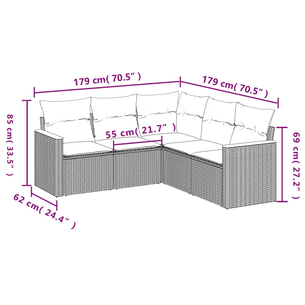 5-teiliges Gartensofa-Set mit Kissen, grau, Polyrattan