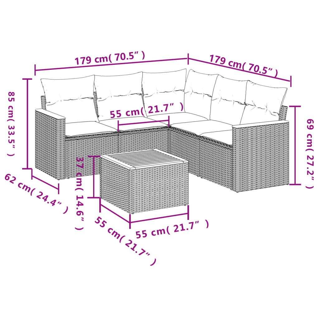 6-teiliges Gartensofa-Set mit Kissen, grau, Polyrattan