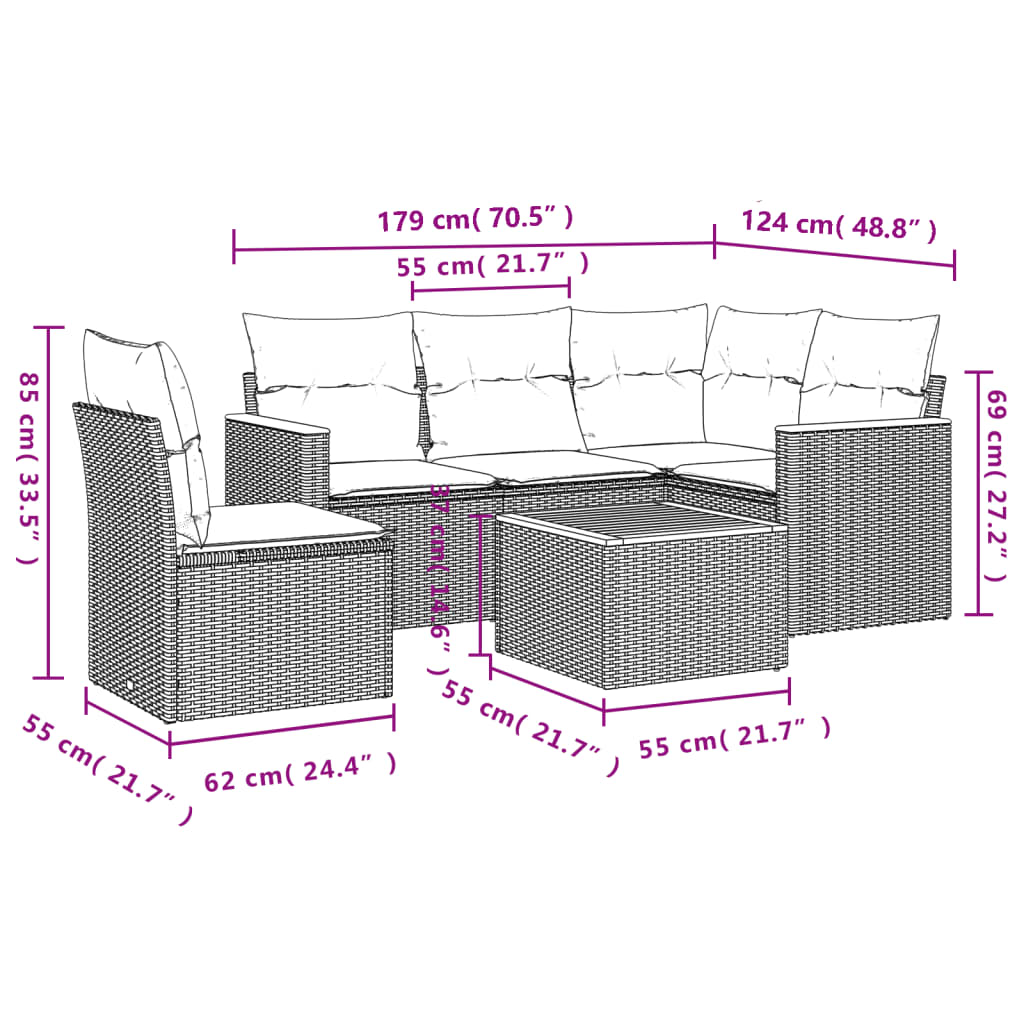 6-teiliges Gartensofa-Set mit Kissen, grau, Polyrattan
