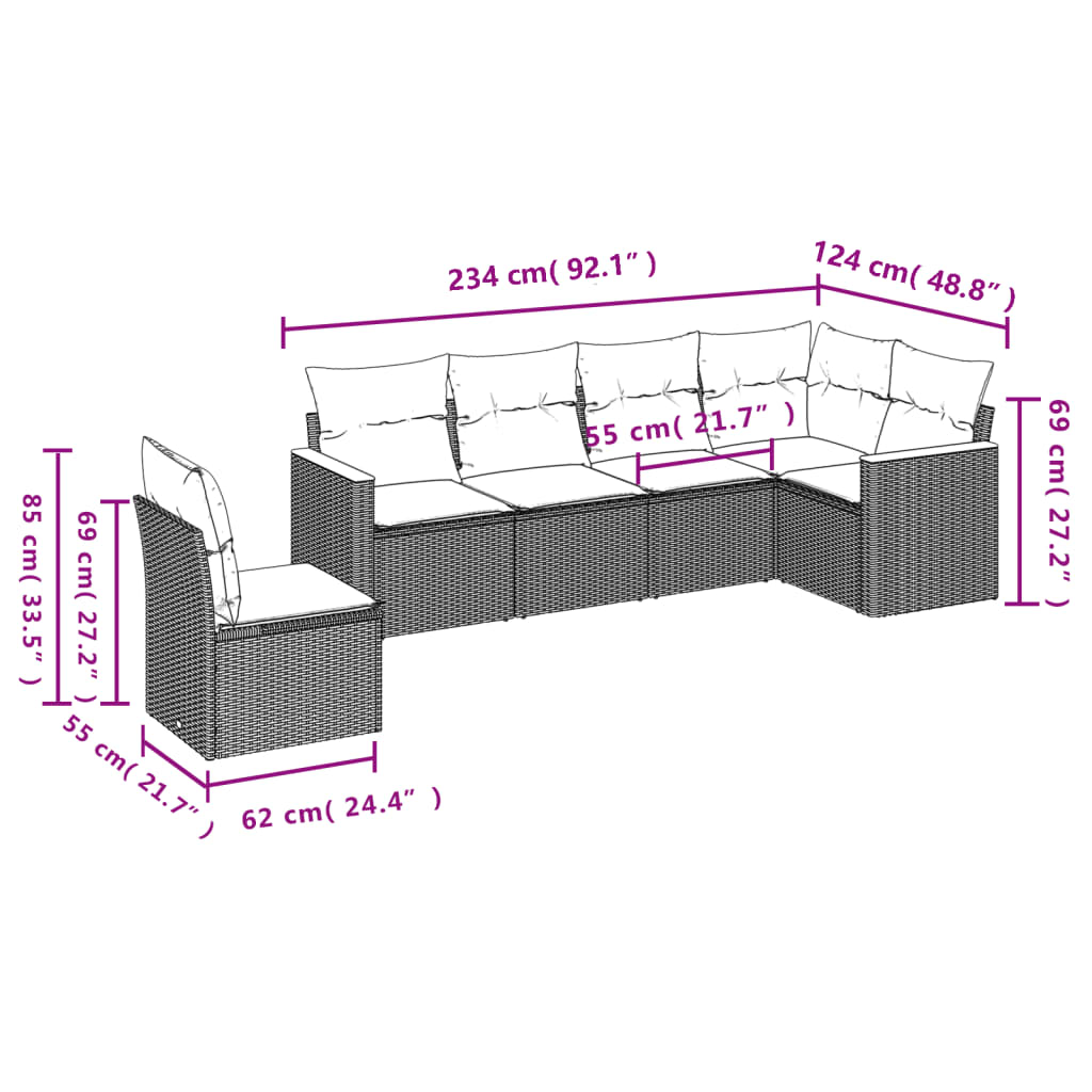 6-teiliges Gartensofa-Set mit Kissen, schwarzes Polyrattan