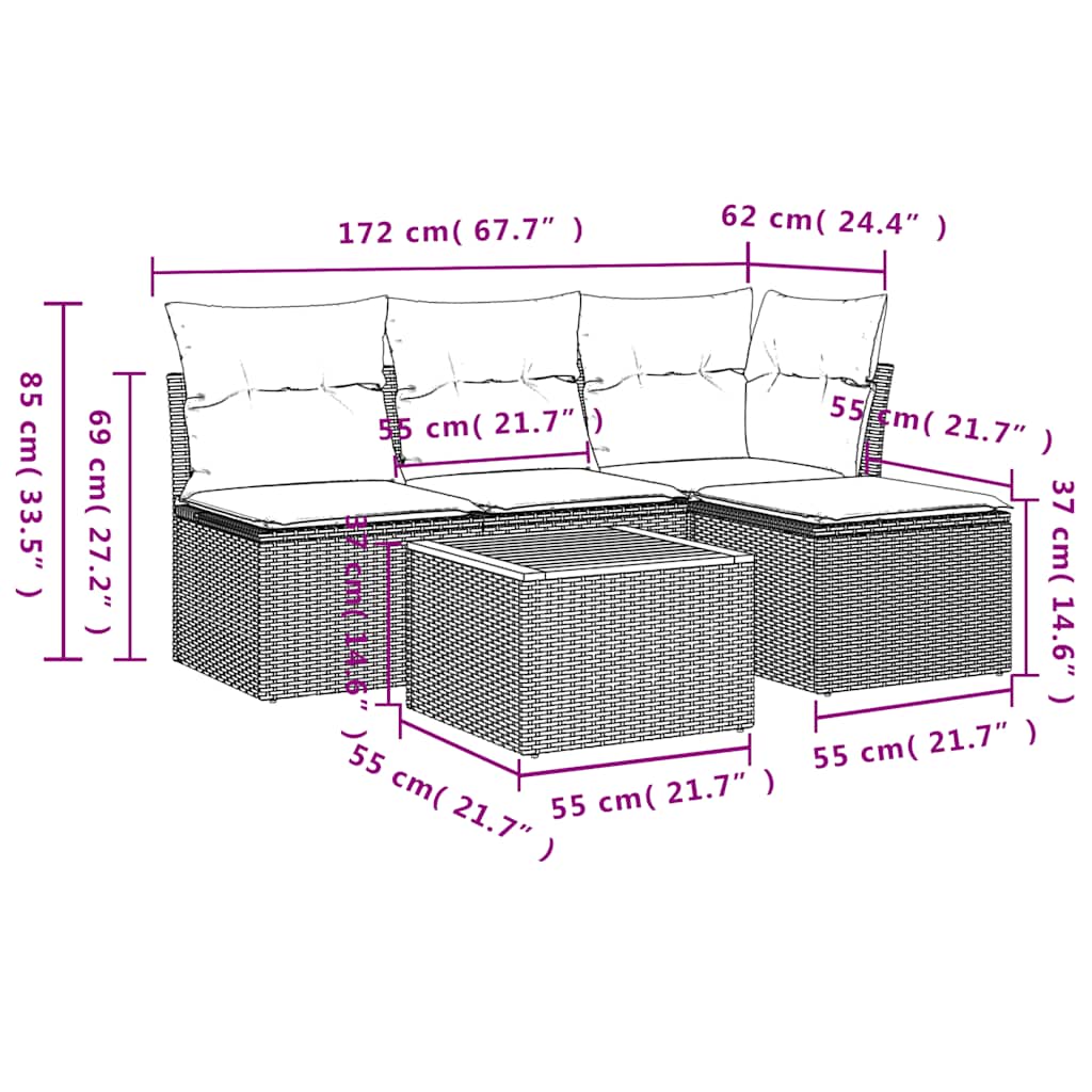 5-teiliges Gartensofa-Set mit Kissen, grau, Polyrattan