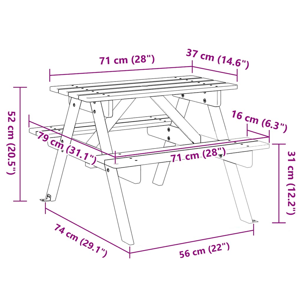 Picknicktisch für 4 Kinder mit Schirmloch Massivholz Tanne