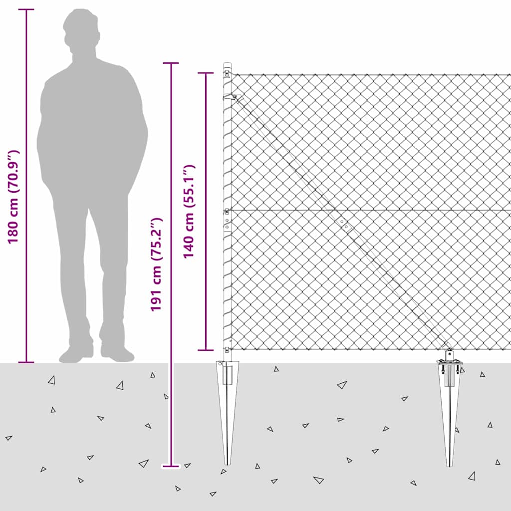 Kettengliedzaun mit Pfosten Silber 1,4 x 10 m Stahl