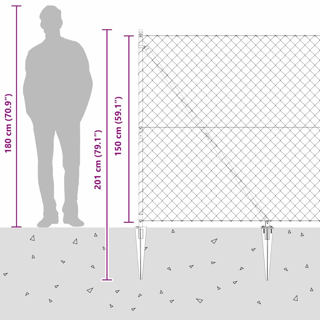 Kettengliedzaun mit Pfosten Silber 1,5 x 10 m Stahl