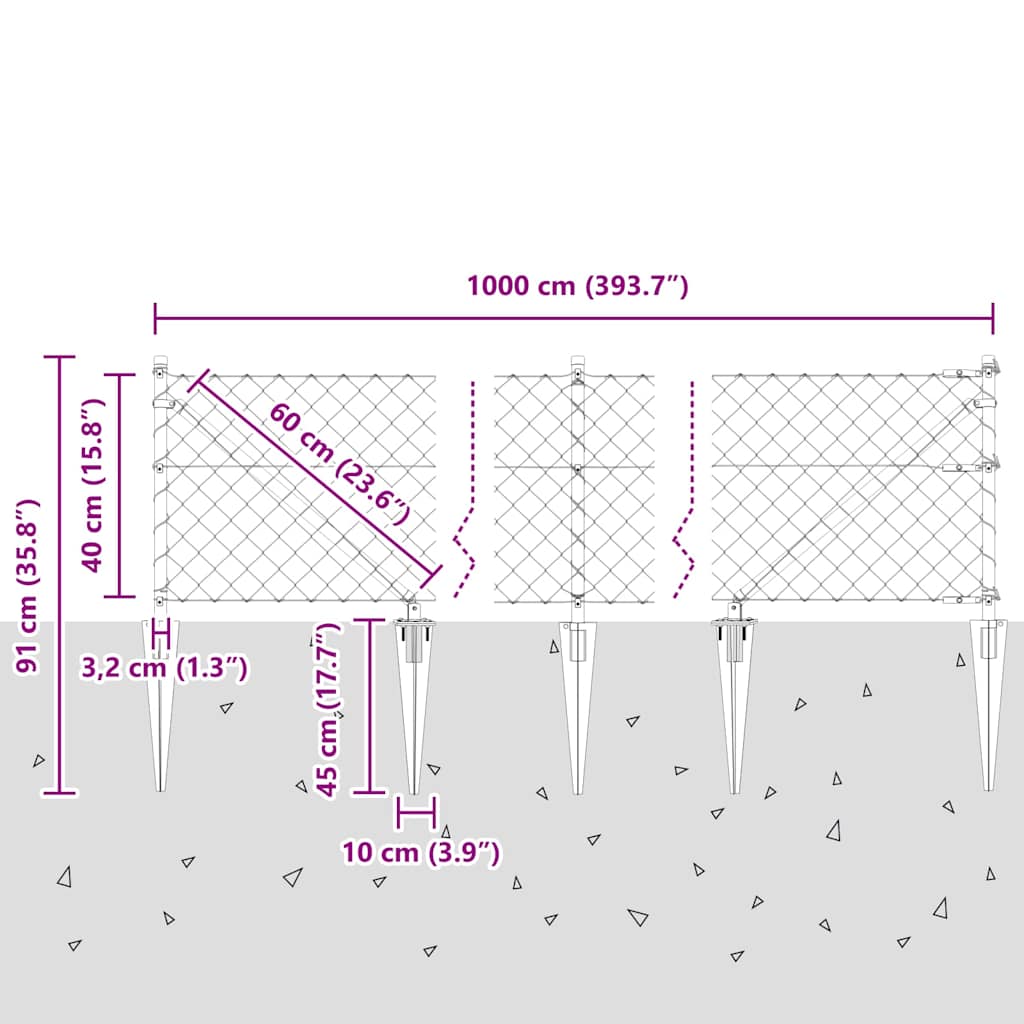 Kettengliedzaun mit Pfosten Silber 0,4 x 10 m Stahl
