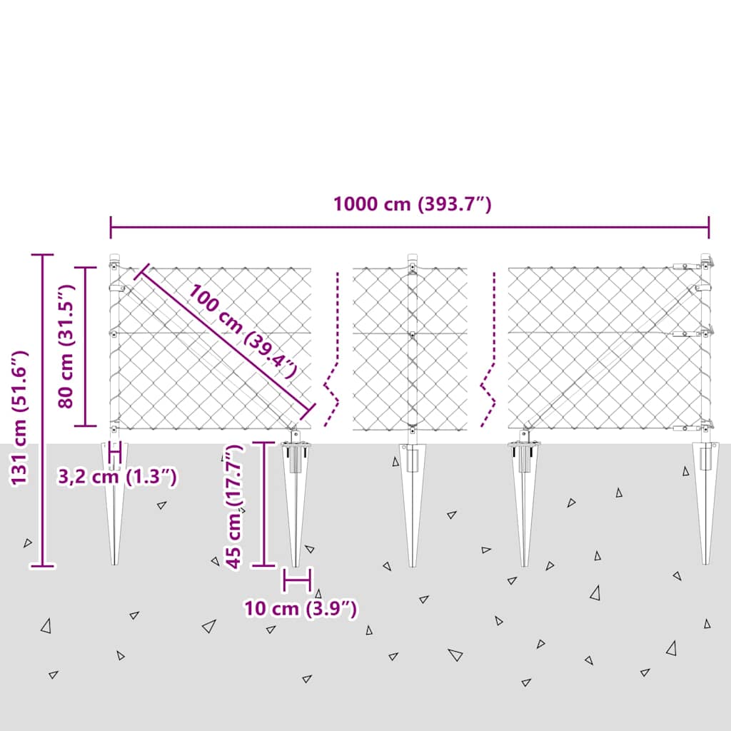 Kettengliedzaun mit Pfosten Silber 0,8 x 10 m Stahl