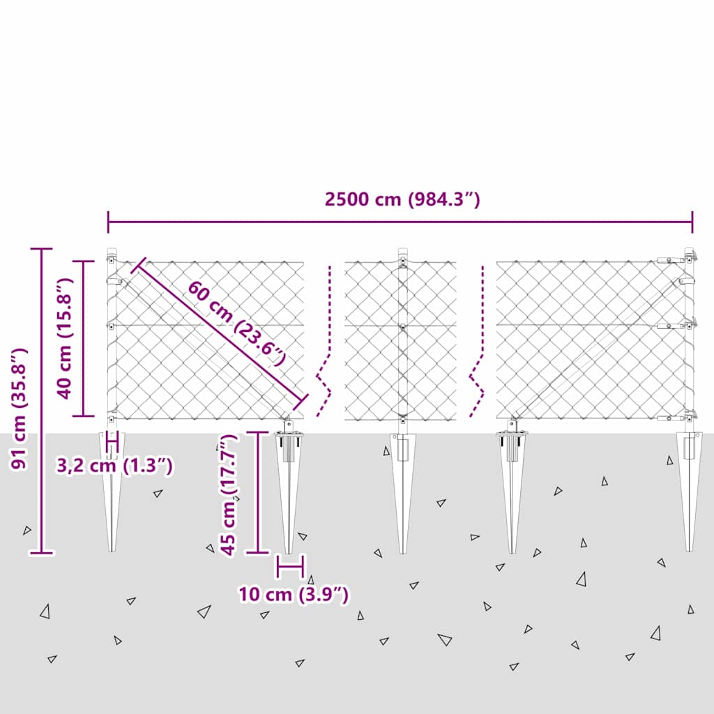 Kettengliedzaun mit Pfosten Silber 0,4 x 25 m Stahl