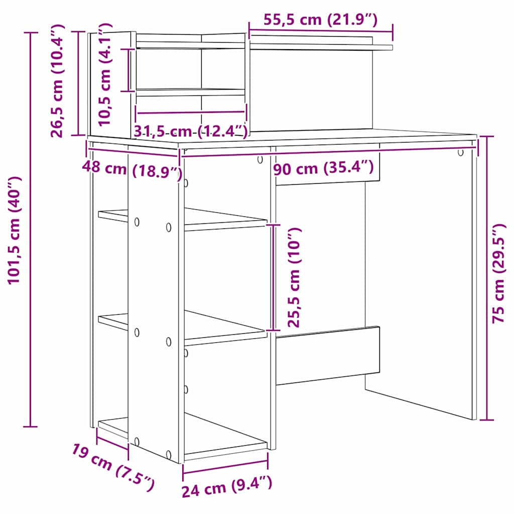 Schreibtisch mit Stauraum mit Regal Altholz 90 x 48 x 101,5 cm