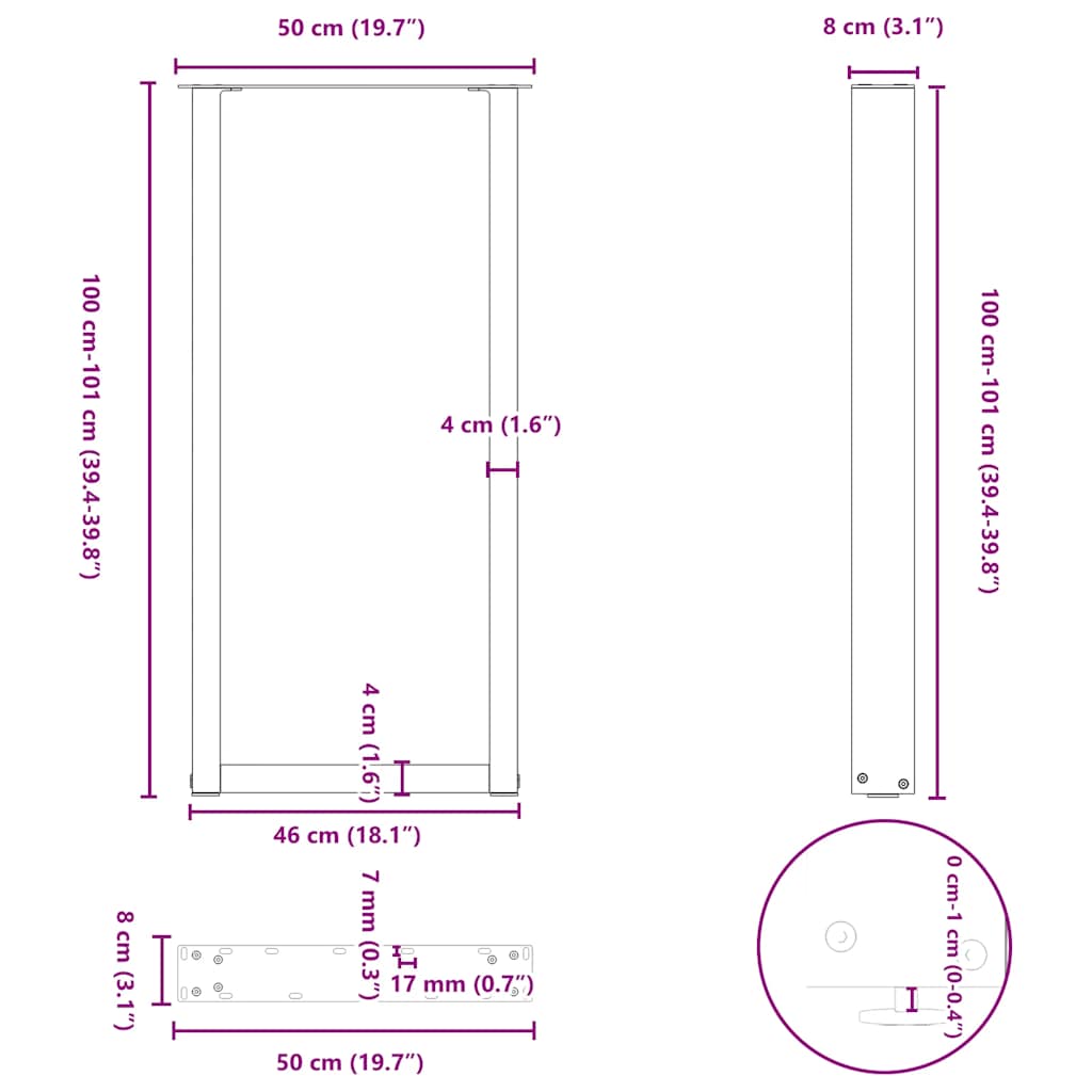 Bartischbeine U-Form 2 Stk. Naturstahl 50x(100-101) cm Stahl