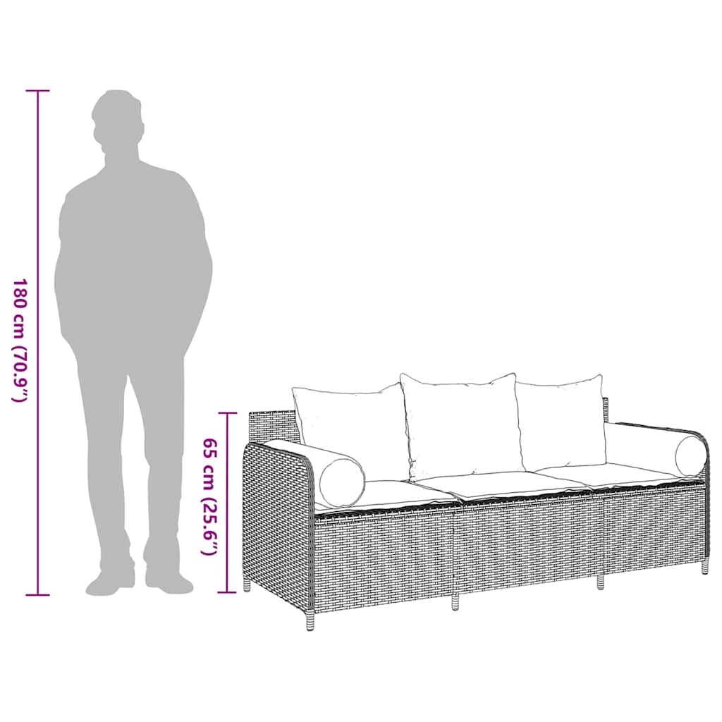 Gartensofa mit Kissen 3-Sitzer Hellgrau Poly Rattan