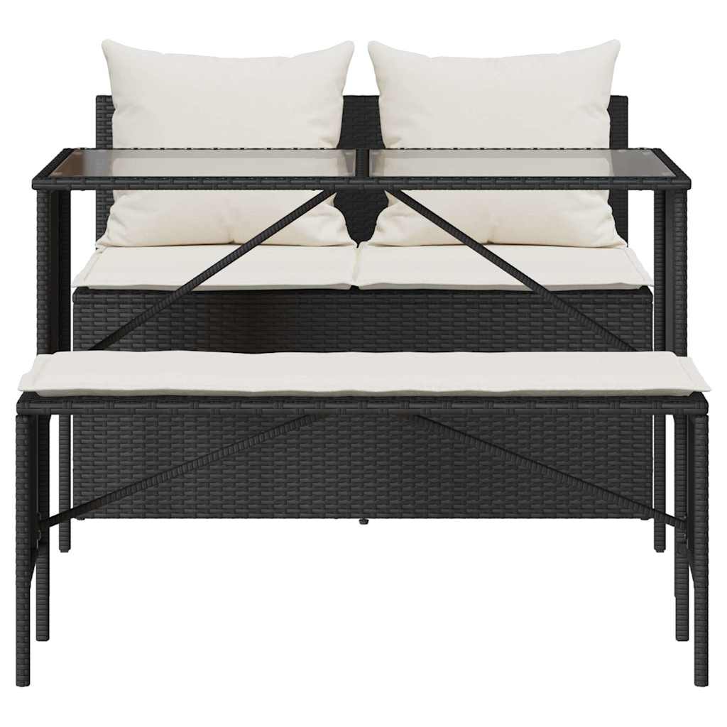 3-tlg. Garten-Essgruppe mit Kissen Schwarz Poly Rattan