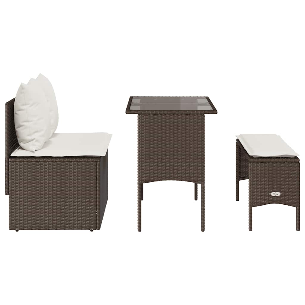 3-tlg. Garten-Essgruppe mit Kissen Braun Poly Rattan
