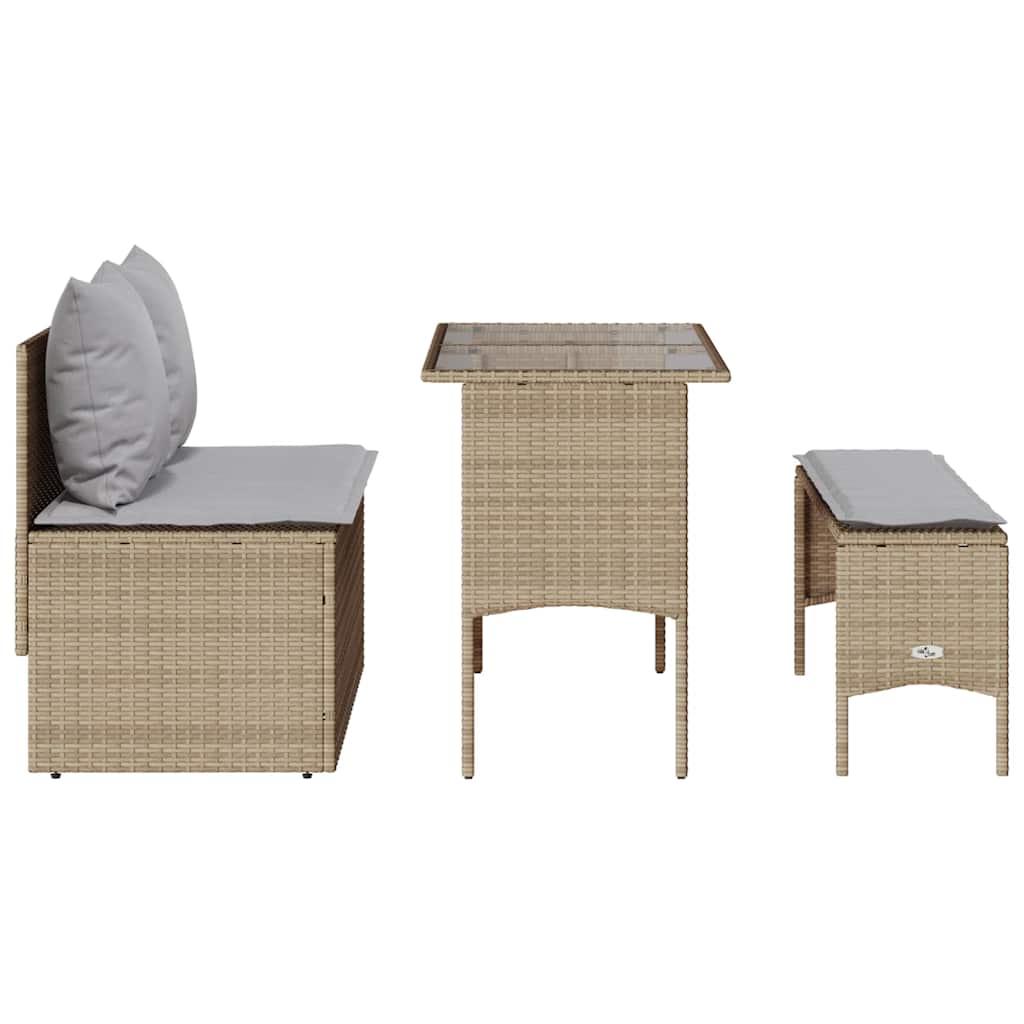 3-tlg. Garten-Essgruppe mit Kissen Beige Poly Rattan