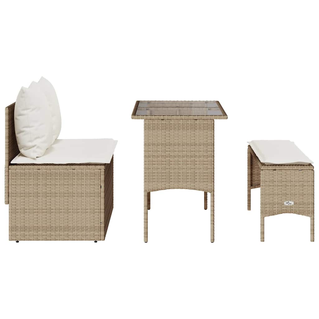3-tlg. Garten-Essgruppe mit Kissen Beige Poly Rattan