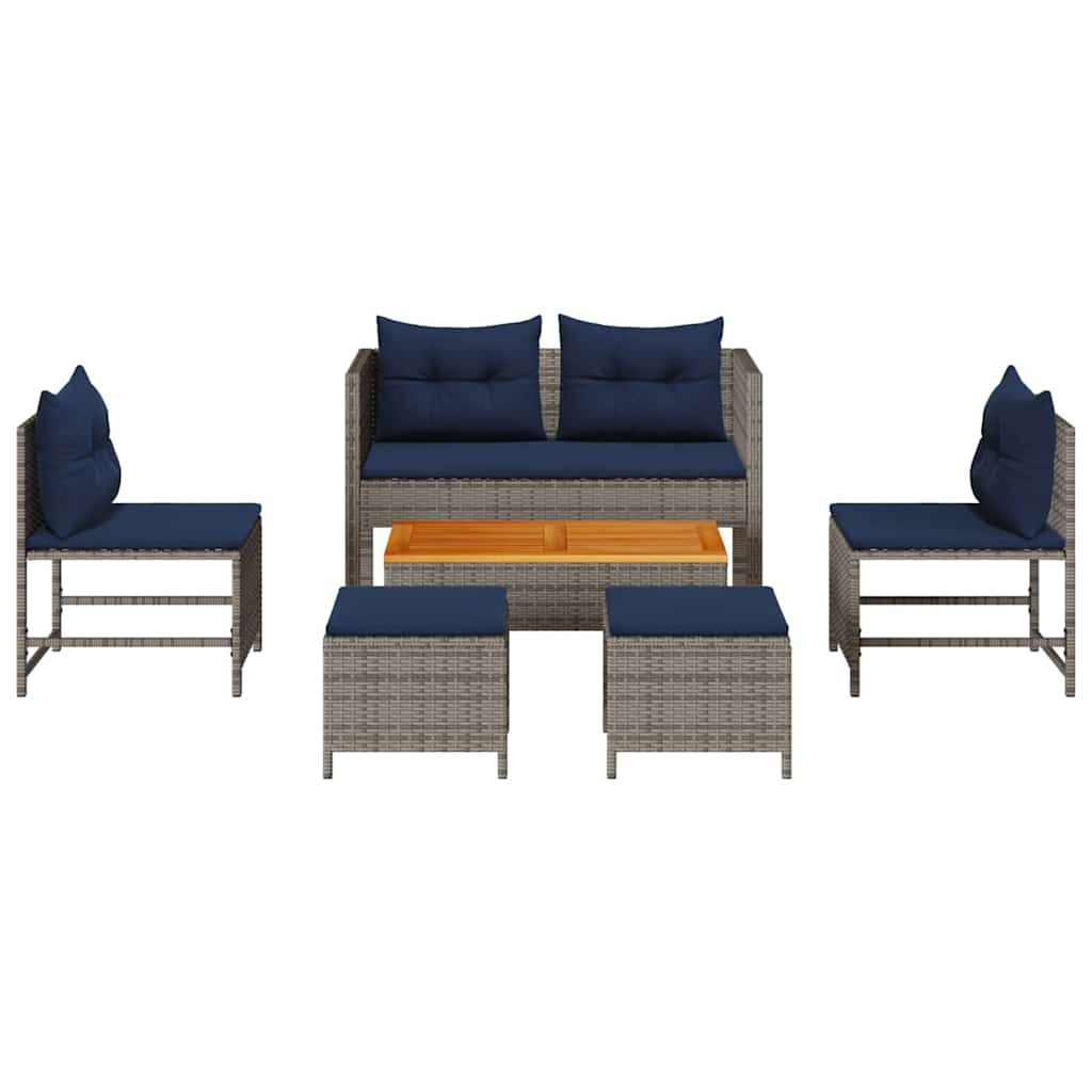 Garten-Sofa-Set 6 pcs Grau und Marineblau Poly-Rattan