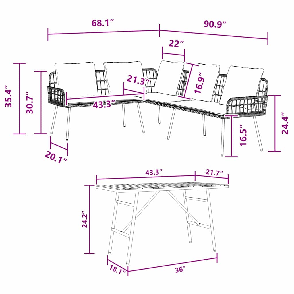 2-teilige Garten-Sofaset mit Kissen in Schwarz aus Poly Rattan