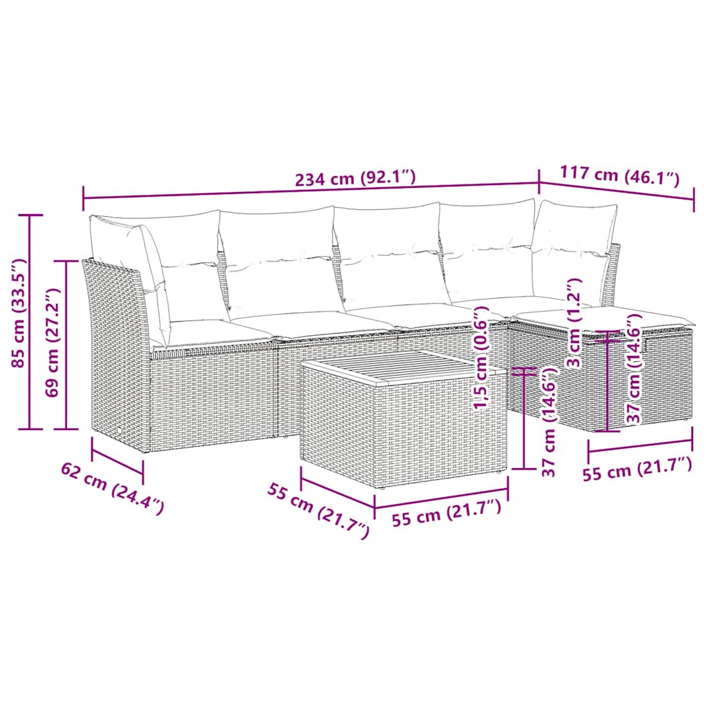 6-tlg. Garten-Sofagarnitur mit Kissen Grau Poly Rattan