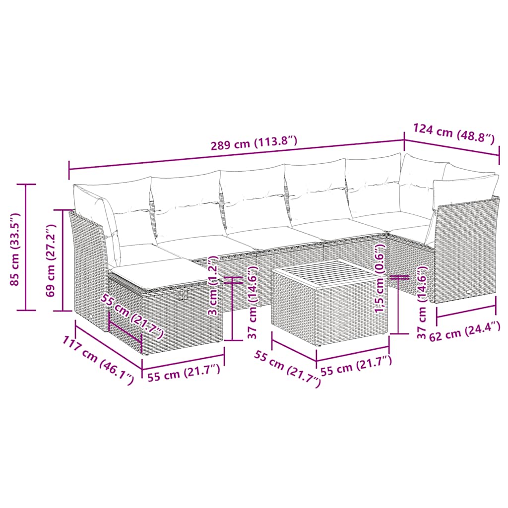 8-tlg. Garten-Sofagarnitur mit Kissen Grau Poly Rattan