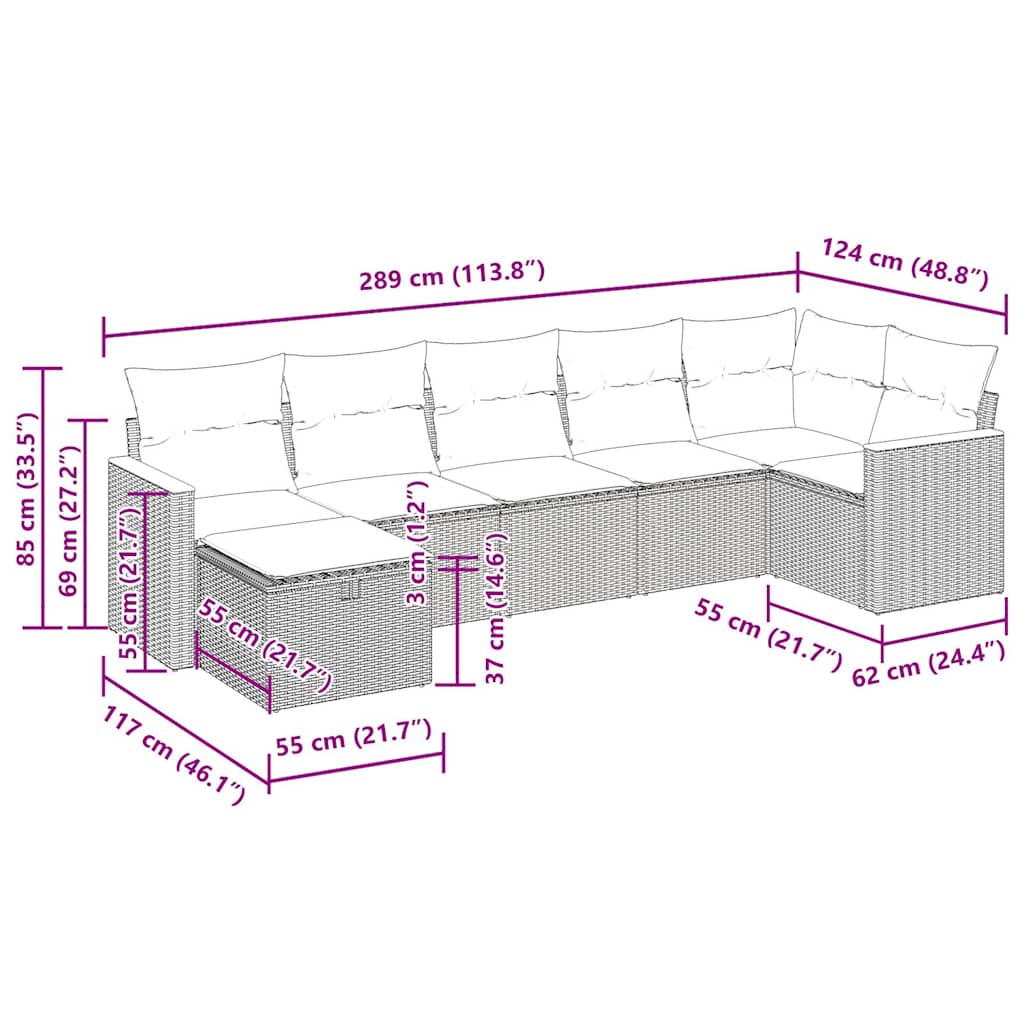 7-tlg. Garten-Sofagarnitur mit Kissen Grau Poly Rattan