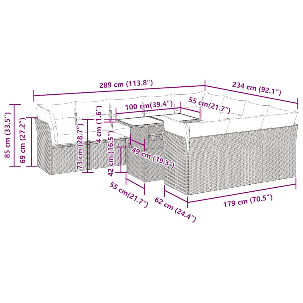 11-tlg. Garten-Sofagarnitur mit Kissen Hellgrau Poly Rattan