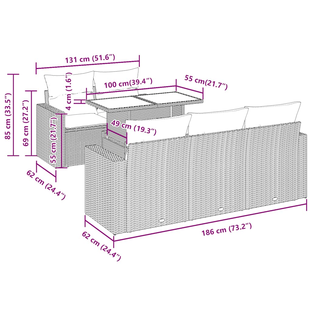 7-tlg. Garten-Sofagarnitur mit Kissen Hellgrau Poly Rattan