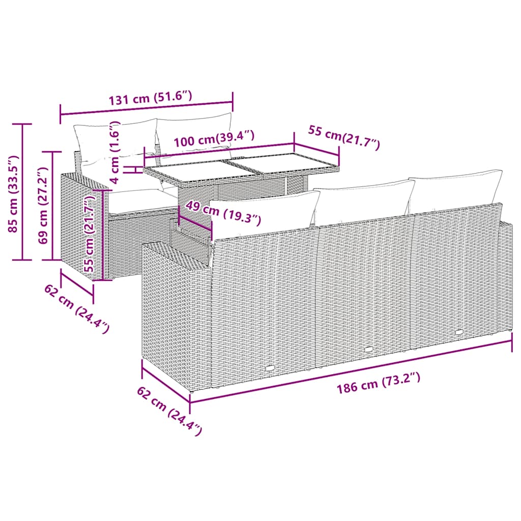 7-tlg. Garten-Sofagarnitur mit Kissen Braun Poly Rattan