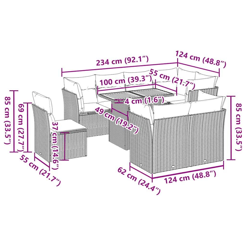 9-tlg. Garten-Sofagarnitur mit Kissen Grau Poly Rattan