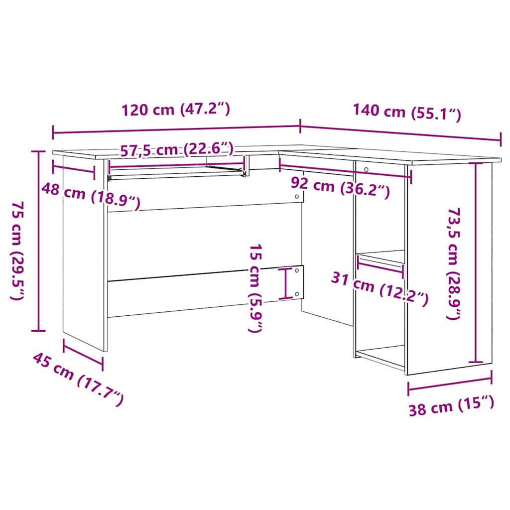 Eckschreibtisch Schwarz Eichen-Optik 120 x 140 x 75 cm
