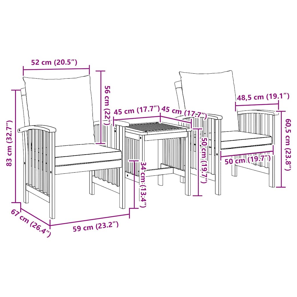 Garten-Sofa-Set mit Kissen 3 pcs Braun Akazie Massivholz