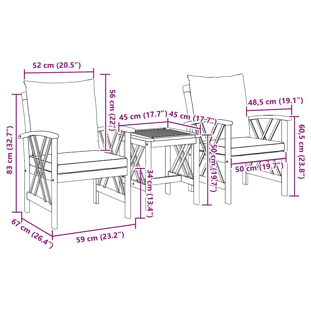 Garten-Sofa-Set mit Kissen 3 pcs Braun Akazie Massivholz