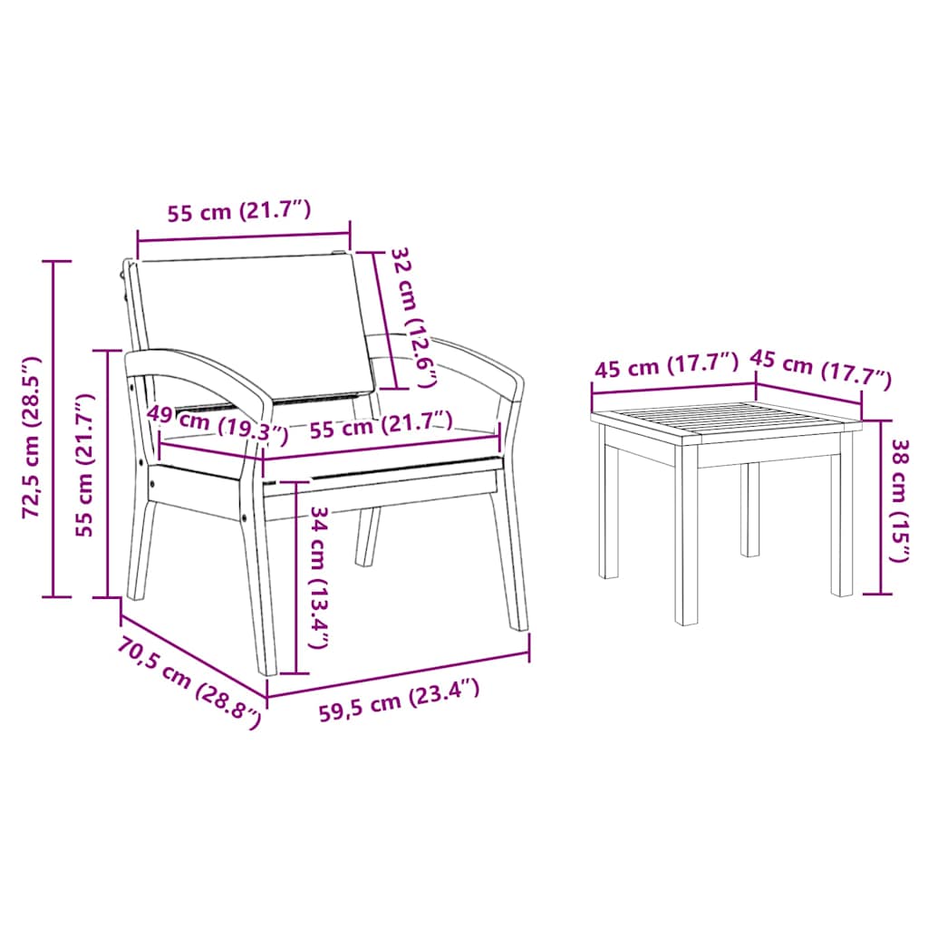 Bistrogarnitur Braun 45 x 45 x 38cm Massivholz Akazie