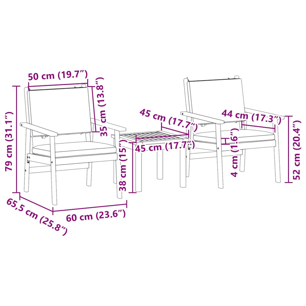 Garten-Sofa-Set 3 pcs Braun 45 x 45 x 38cm Massivholz Akazie