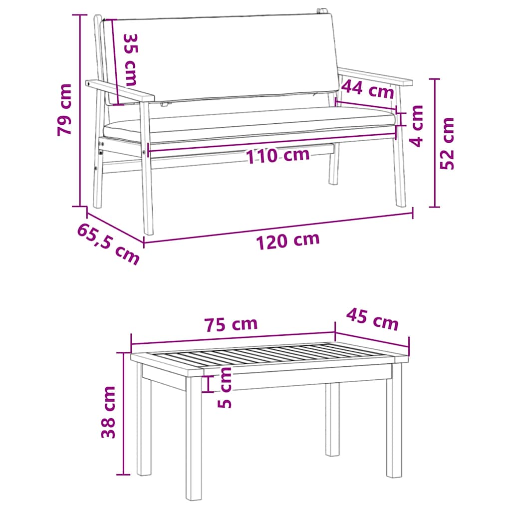 Garten-Sofa-Set mit Kissen 2 pcs Braun Massivholz Akazie