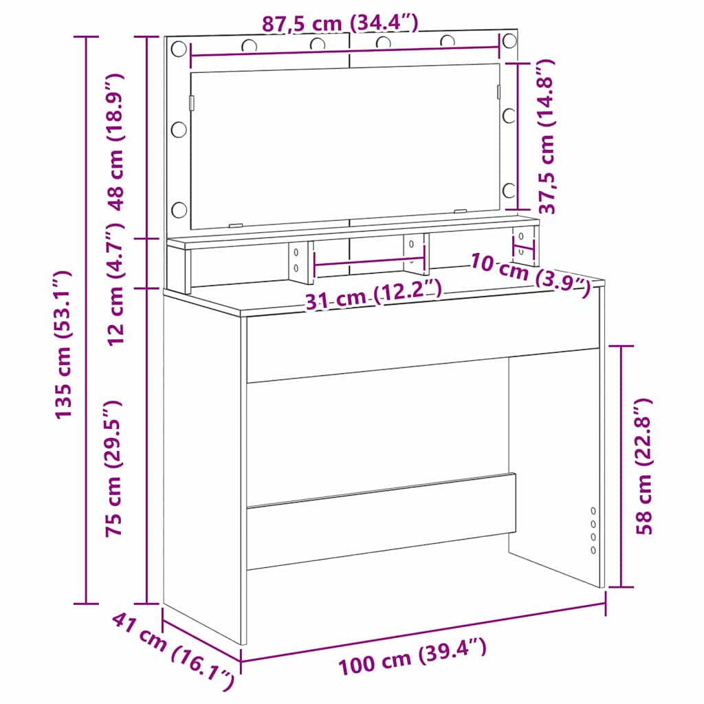 Schminktisch Sonoma-Eiche 100 x 41 x 135 cm Holzwerkstoff