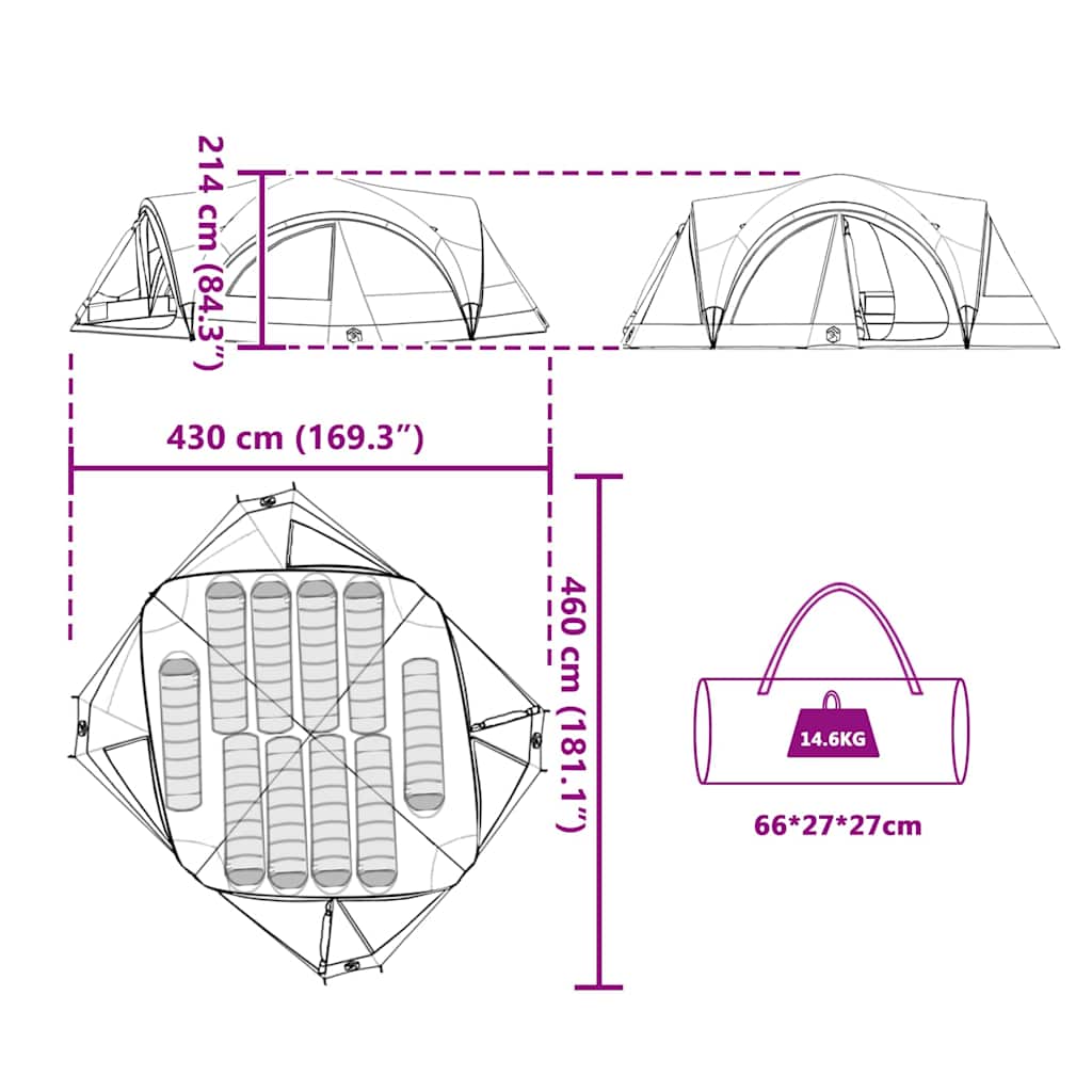 Familienzelt mit Dach Grün und Grau 460 x 430 x 214 cm