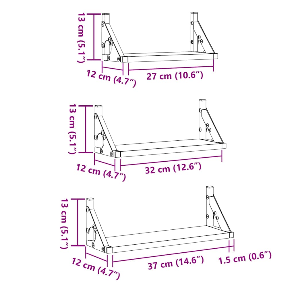 Wandregal-Set 3 pcs Schwarz Eichen-Optik 37 x 12 x 13 cm