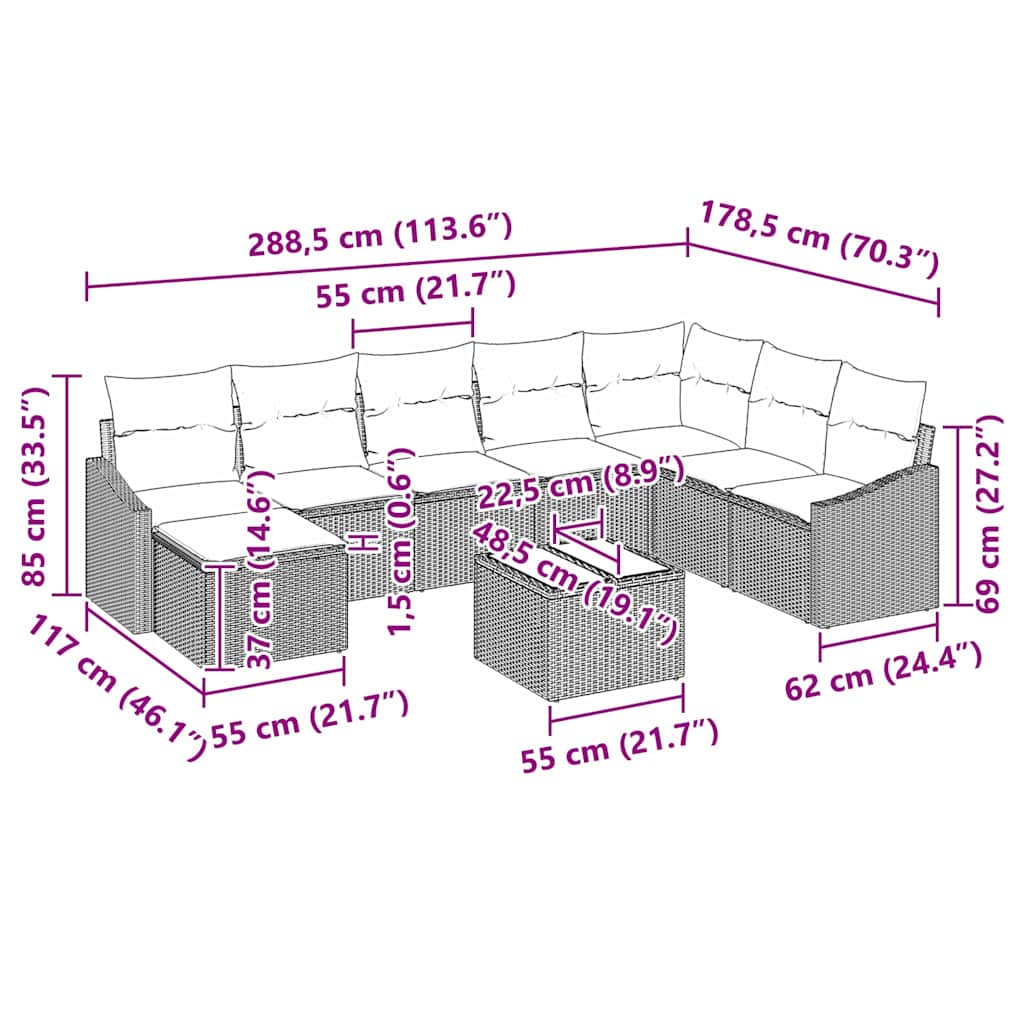 Garten-Sofa-Set 9 pcs Schwarz Poly Rattan