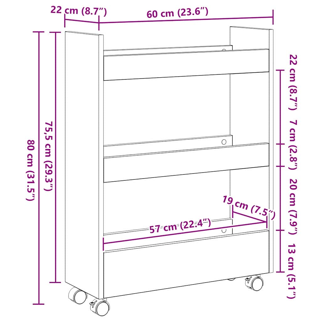 Schmaler Aufbewahrungswagen Schwarze Eiche 60 x 22 x 80 cm