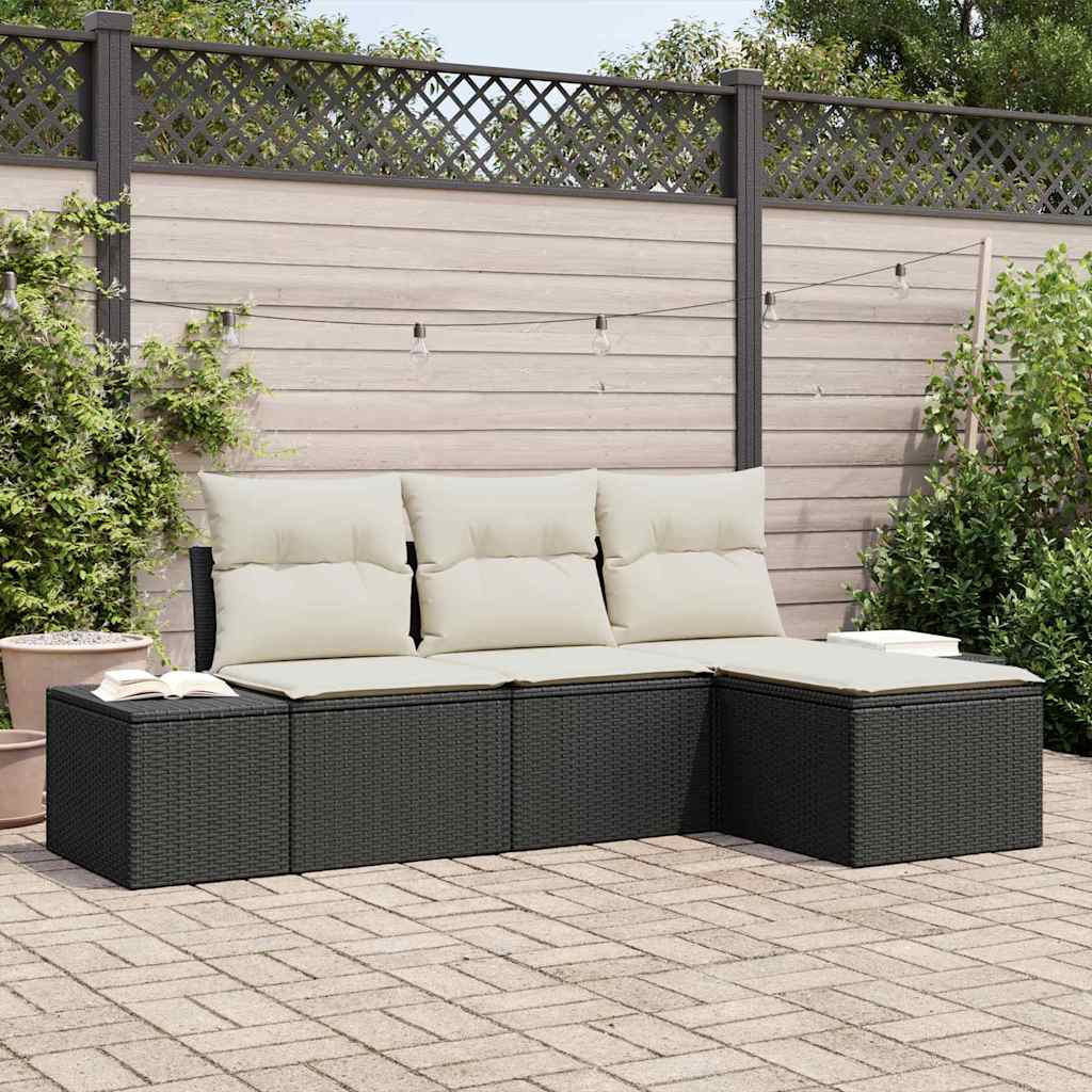 Garten-Sofa-Set mit Kissen mit Speicher 4 pcs Schwarz und Creme