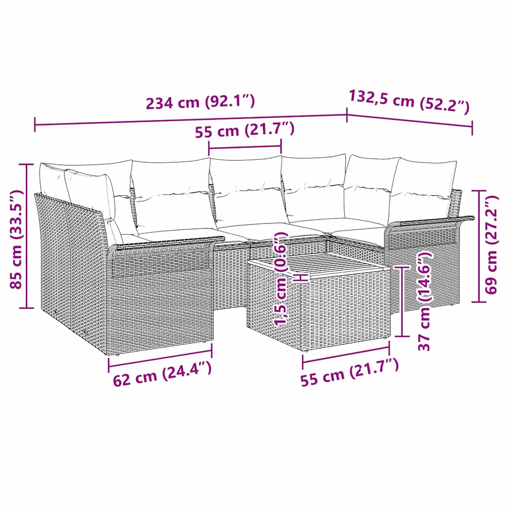 Garten-Sofa-Set mit Kissen 7 pcs Schwarz 55 x 55 x 37 cm
