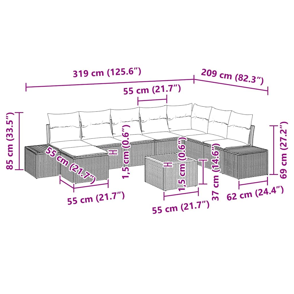 Garten-Sofa-Set 9 pcs Schwarz und Weiß