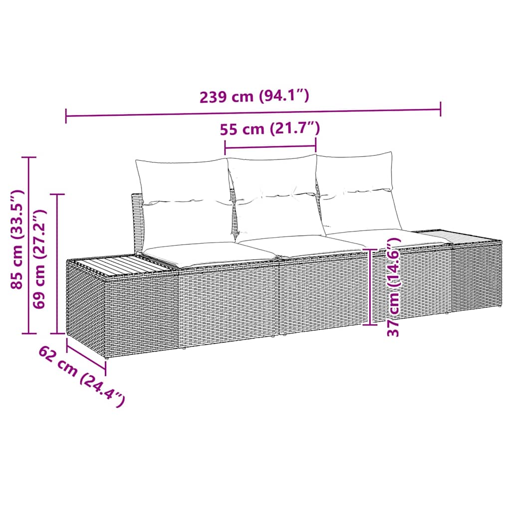 Garten-Sofa-Set mit Kissen 3 pcs Schwarz und Creme Poly Rattan