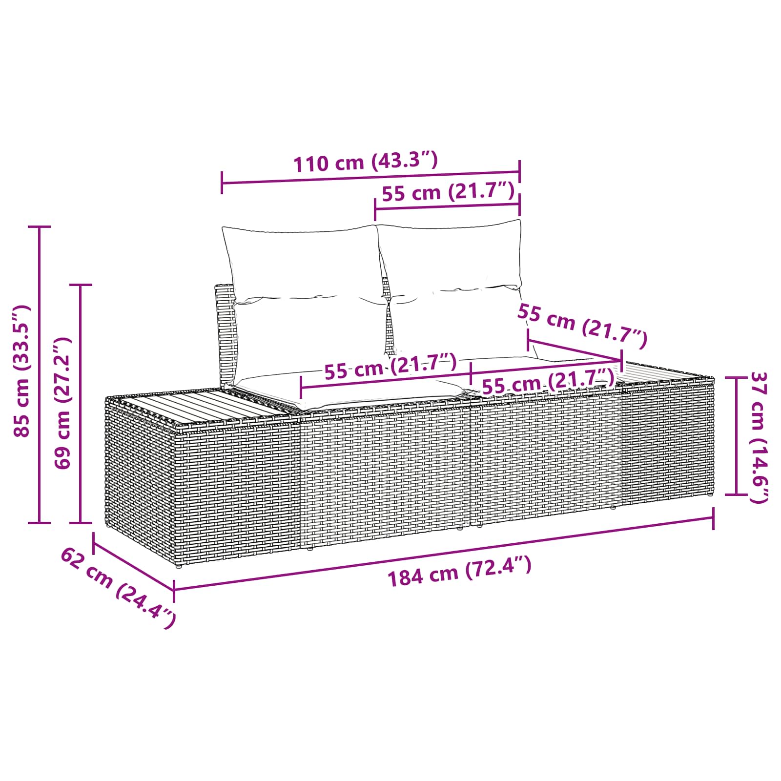 Garten-Sofa-Set mit Kissen 3 pcs Schwarz Poly Rattan