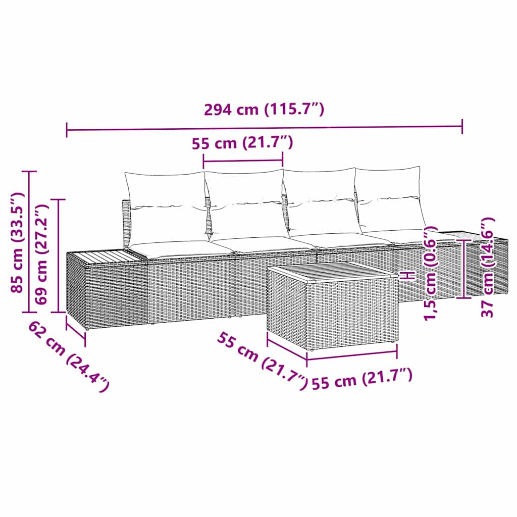 Garten-Sofa-Set mit Kissen mit Speicher 5 pcs Grau Poly Rattan