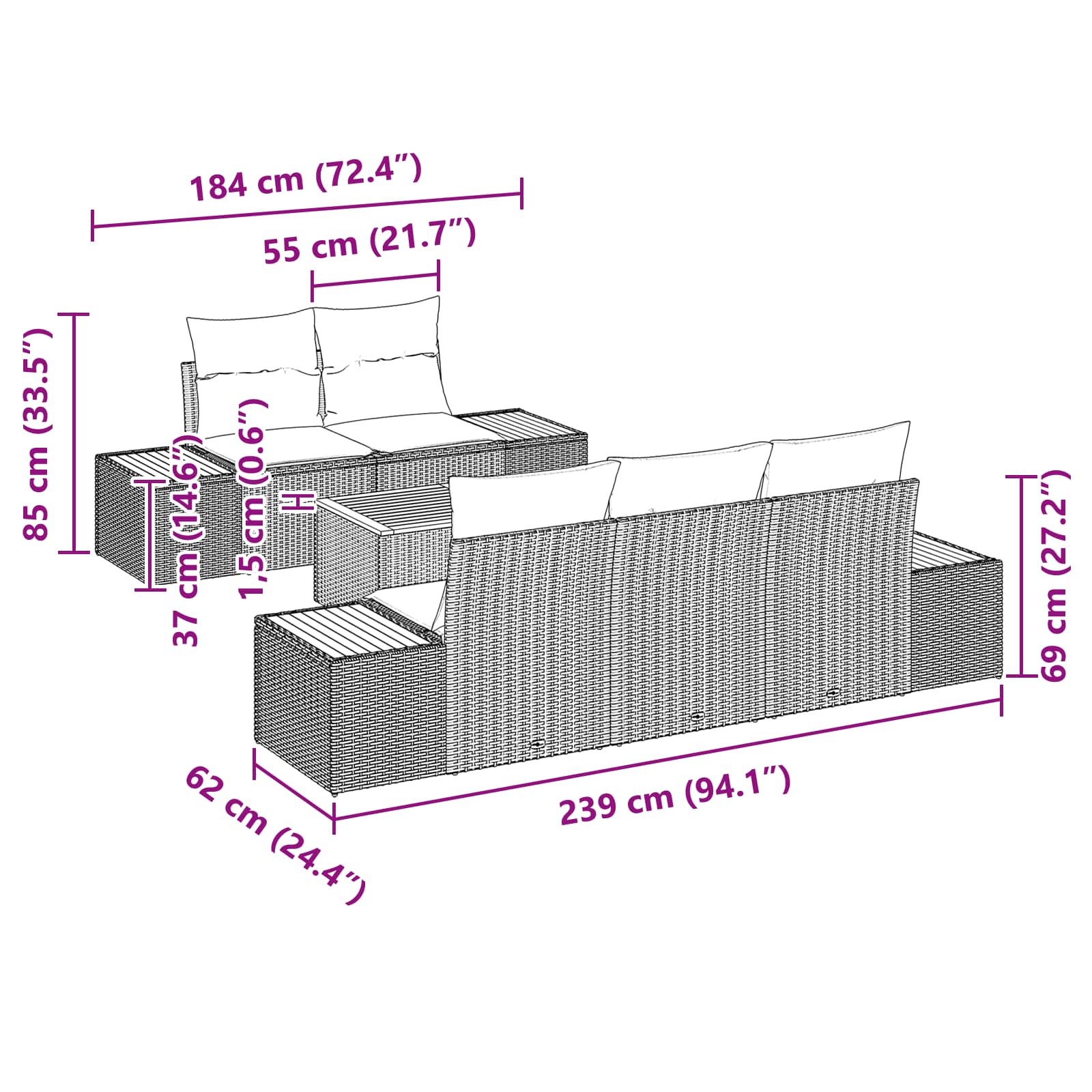 Garten-Sofa-Set mit Kissen 6 pcs Schwarz Poly Rattan