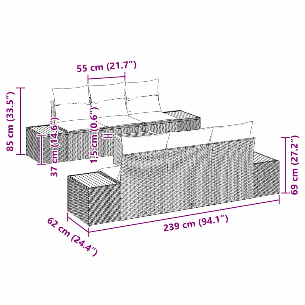 Garten-Sofa-Set mit Kissen 7 pcs Schwarz Poly Rattan