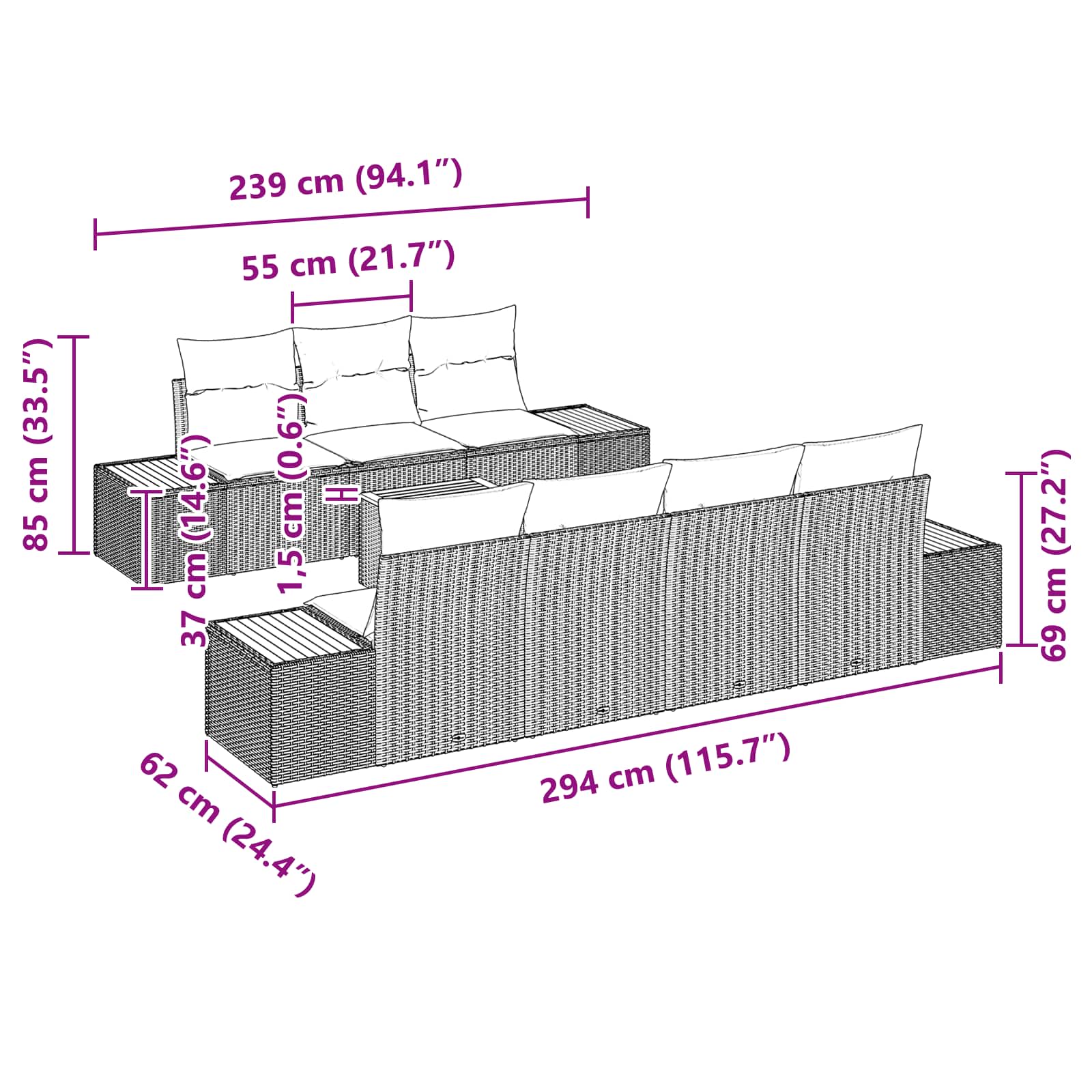 Garten-Sofa-Set mit Kissen 8 pcs Schwarz Poly Rattan
