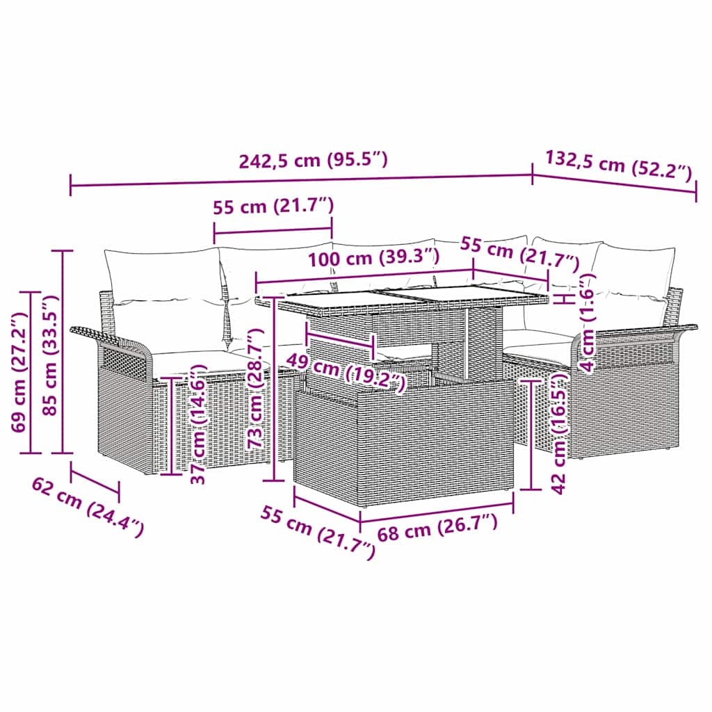 Garten-Sofa-Set mit Kissen mit Speicher 6 pcs Braun Poly Rattan