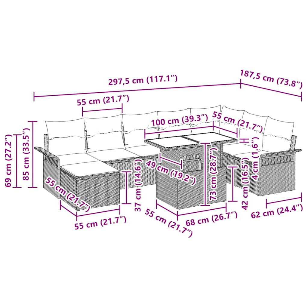 Garten-Sofa-Set mit Kissen mit Speicher 9 pcs Braun und Creme