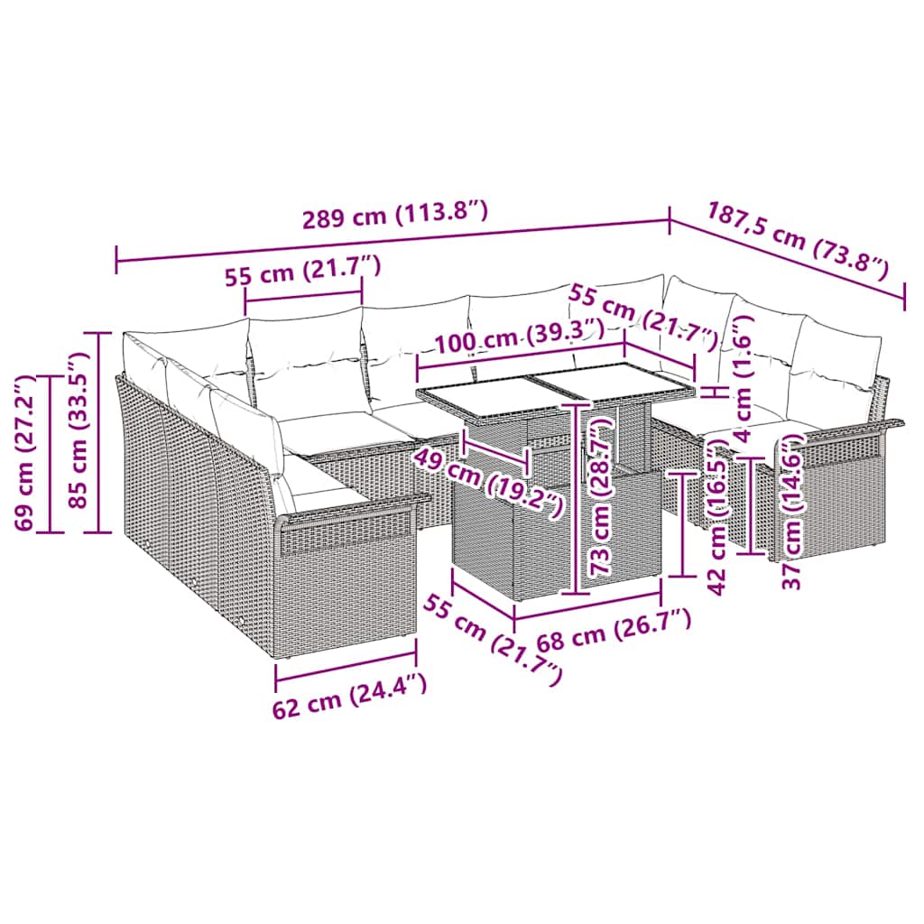 Garten-Sofa-Set 10 pcs Grau 100 x 55 x 73 cm Poly Rattan